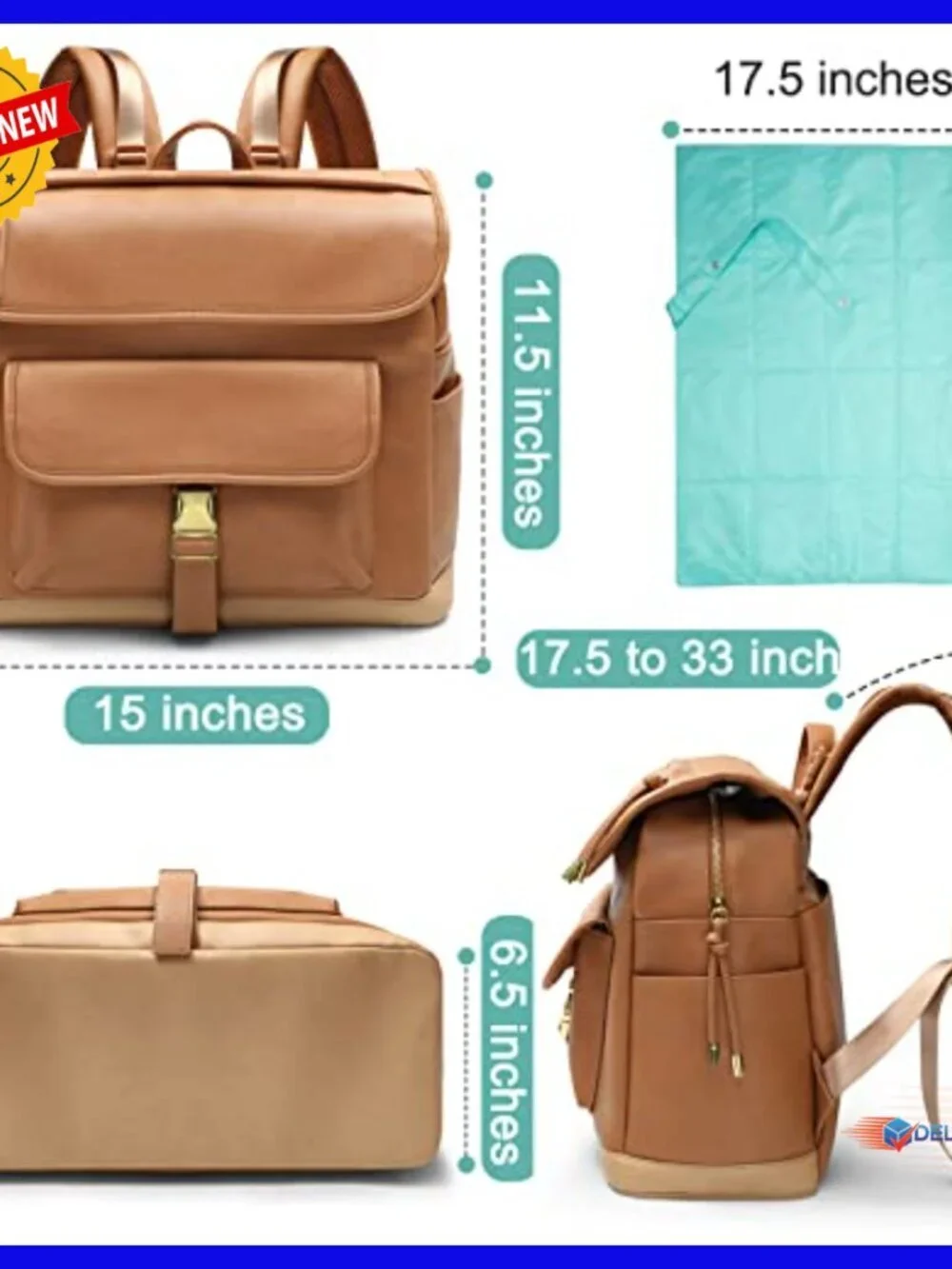 Leather Diaper Bag Backpack, 12 Pockets, Insulated, Changing Pad